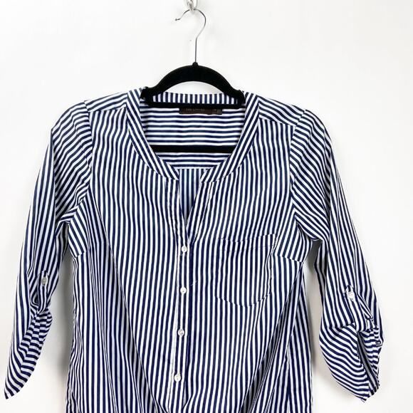 The Limited XS Womens Blue Pinstriped Tie Waist Tab Sleeve Blouse - Picture 2 of 6